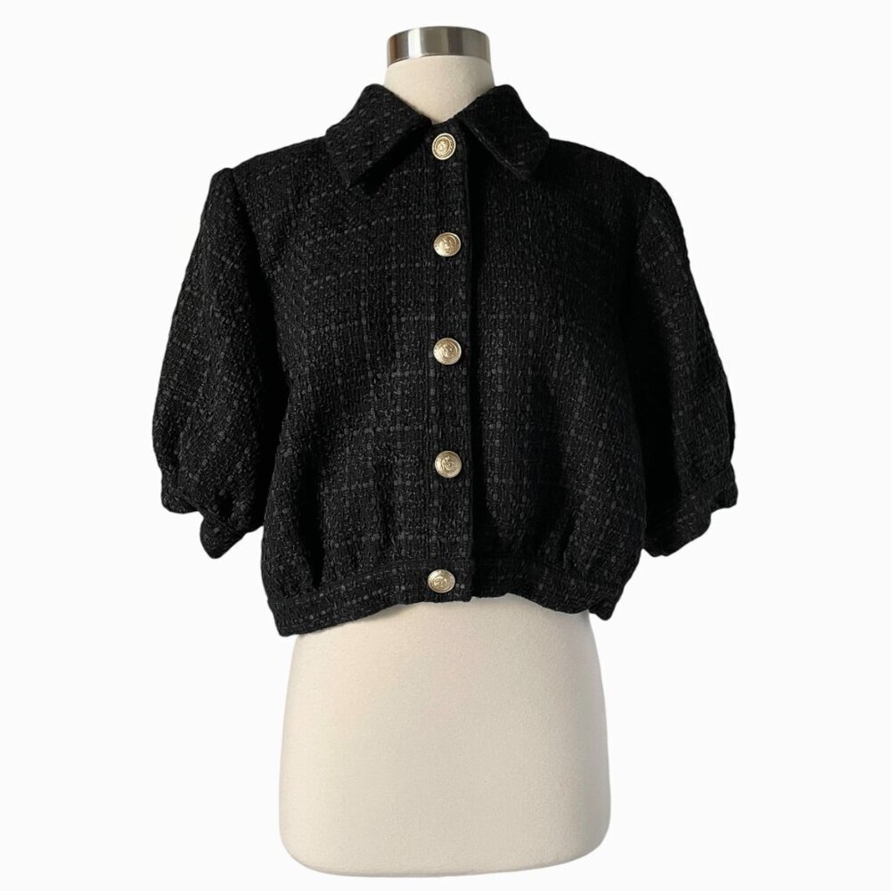 L’Agence Cove Cropped Tweed Jacket Size 8 Black Short Sleeve Polished - Picture 8 of 8